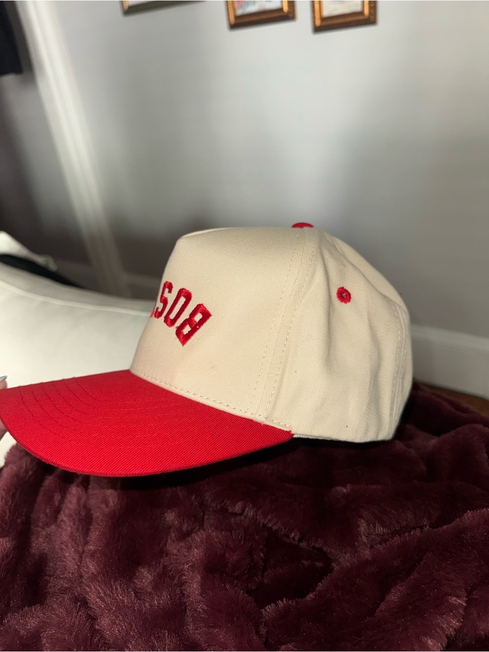 Cream and Red 'BOSTON' Embroidered SnapBack Baseball Cap